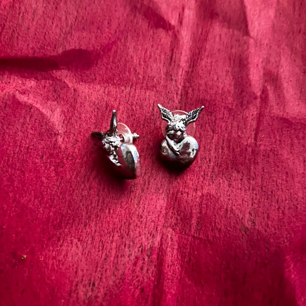 Vintage Silver Tone Heart and Angel Earrings